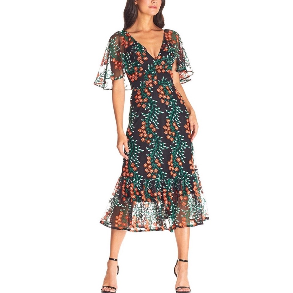 NWT Dress The Population Virginia Embroidered Floral Ruffle Midi Dress